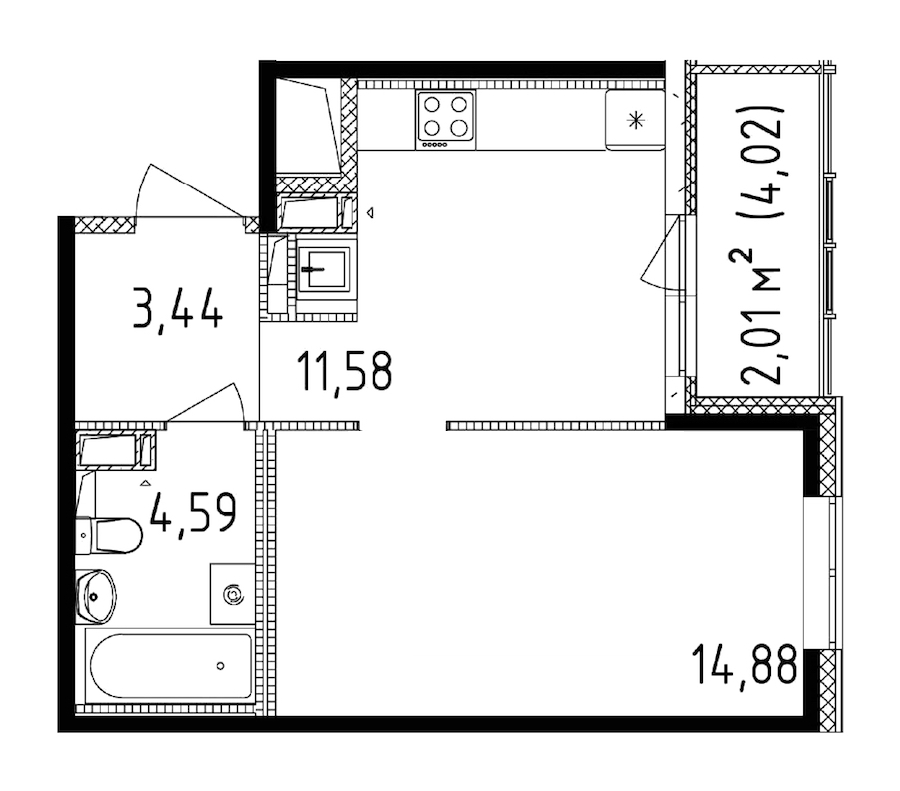 1-комнатная квартира 34.49 м², 12/14 эт., ЖК «Чёрная речка»
